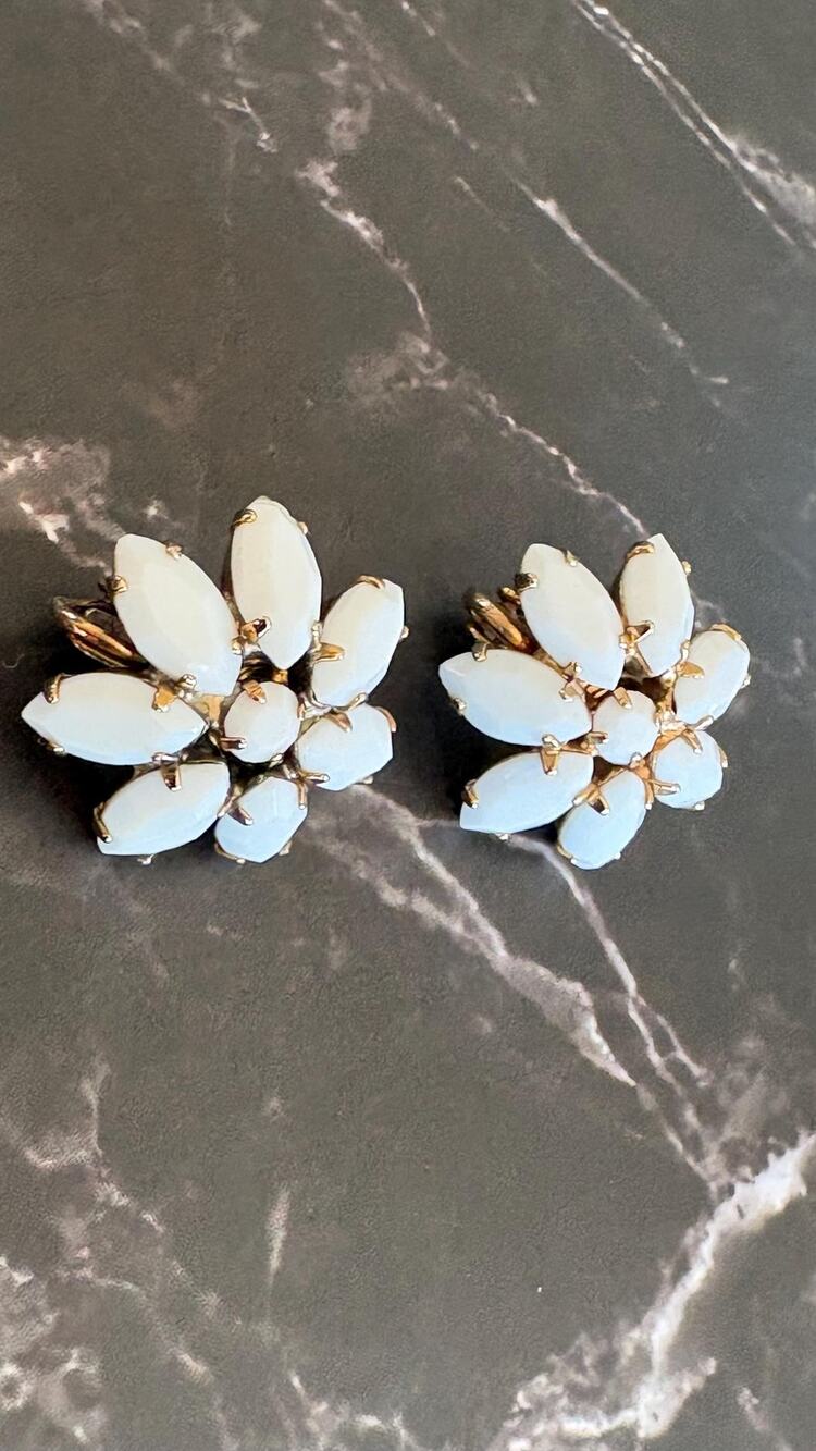 Vintage Milk Glass Flower Clip On Earrings White Opal Navette Blossom 7/8"